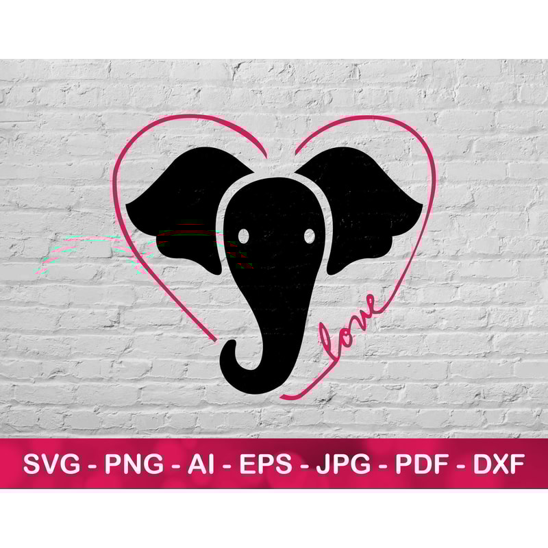 Love Elephant Svg File for Cricut, Elephant Head Silhouette and Red Heart.jpg