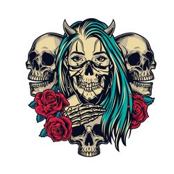 devil girl with skull and rose svg, trending svg, girl svg, devil girl svg, satan svg, red rose svg, skull svg, death sv