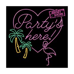 mtv jersey shore partys here svg, trending svg, flamingo svg, party svg, jersey svg, neon flamingo svg, coconut tree svg