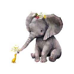 cute elephant with floral wreath and little duck svg, trending svg, elephant svg, little duck svg, flower svg, duck svg,