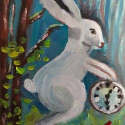 The Fabulous Rabbit Painting Original Art Wall Small Oil