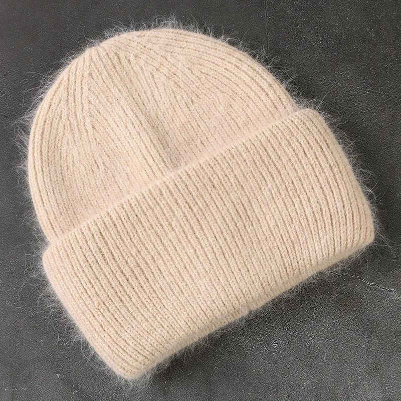 Angora Womens Winter Beanie Hat Rabbit Fur Fluffy Knitted Beanies Soft Warm Knit Hat For Cold Weat 2