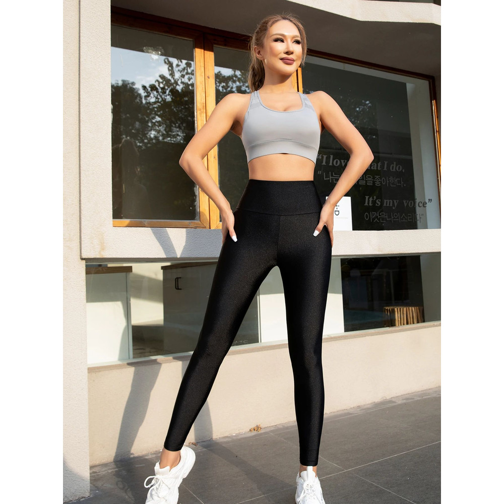 Shiny Black Glossy Leggings For Women High Waist Tight Bottoms Pants Workout Leggings For Gym 2