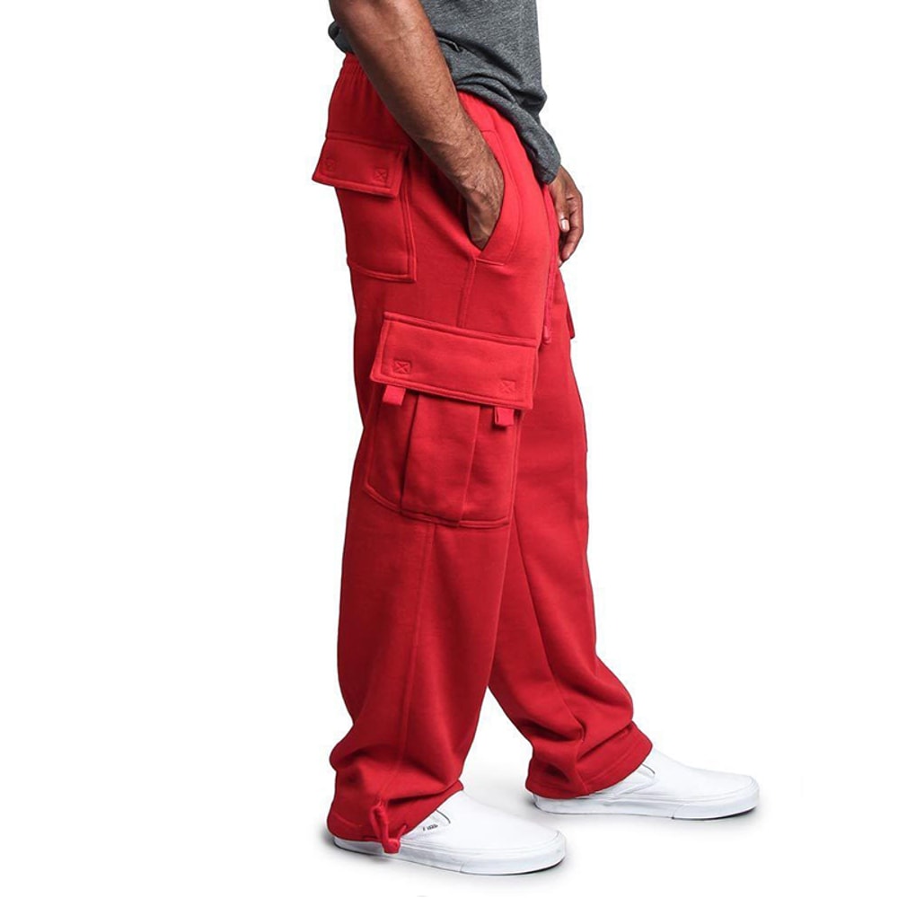Breathable Cotton Sweatpants For Men Elastic Waist Baggy Pants With Drawstring Multiple Pockets 0