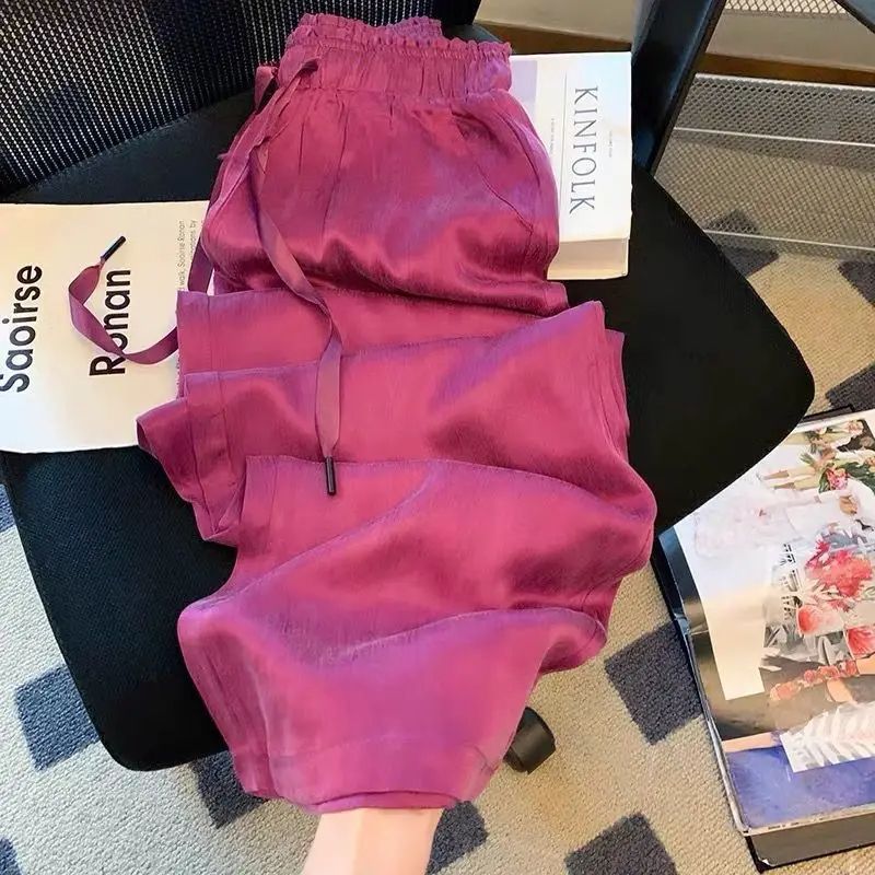 Acetic Acid Ice Silk Wide Leg PantsNew Summer Thin Satin Casual Trousers For Women High Waisted Str 4