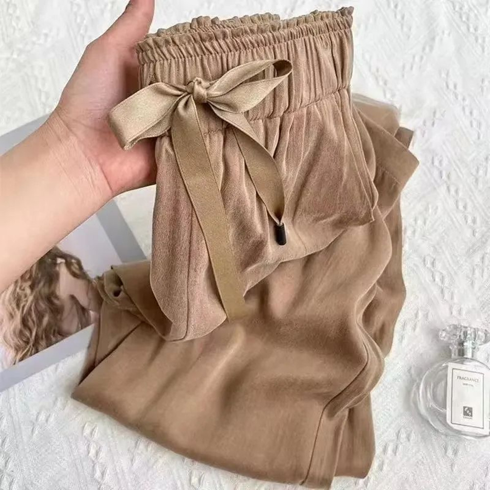 Acetic Acid Ice Silk Wide Leg PantsNew Summer Thin Satin Casual Trousers For Women High Waisted Str 2