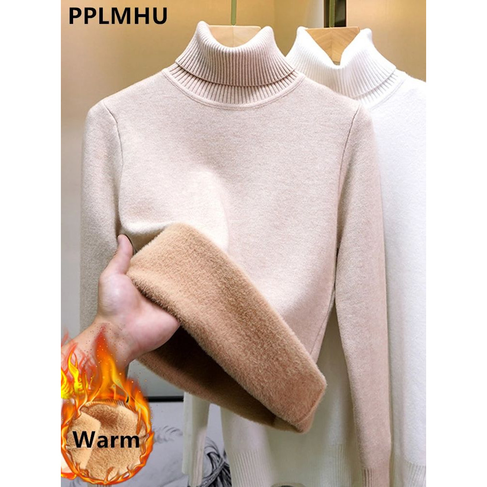 Turtleneck Winter Sweater For Women Elegant Thickened VelvetLined Knit Pullover Slim Fit Knitted Ju 0