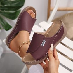 women's wedge slippers summer fashion, open toe breathable sandals, comfortable buckle sliders for women