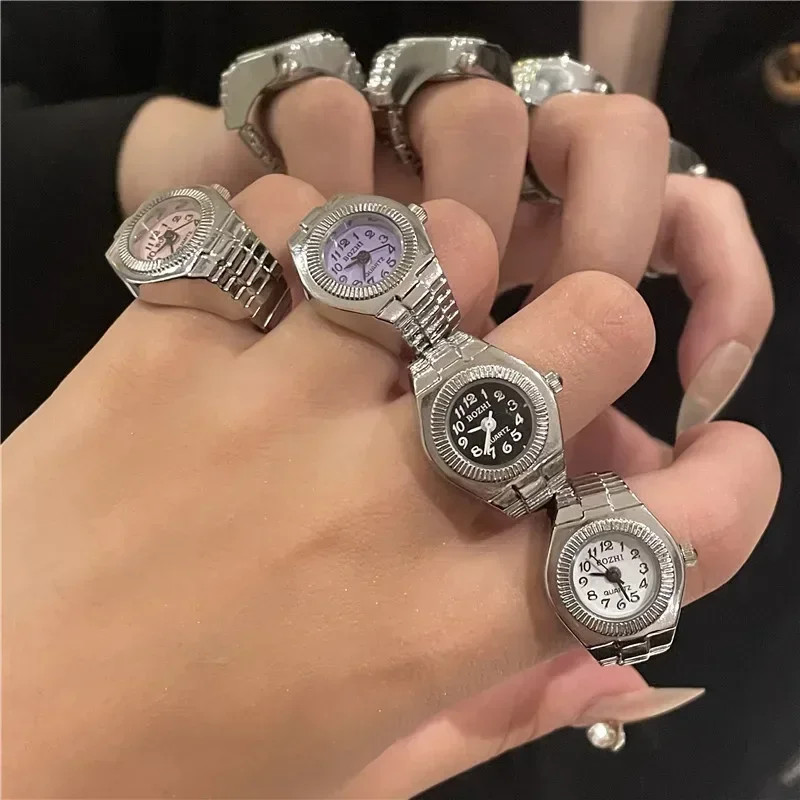 Vintage Punk Finger Watch with Elastic Strap – Retro Roman Quartz Couple Rings for Men & Women