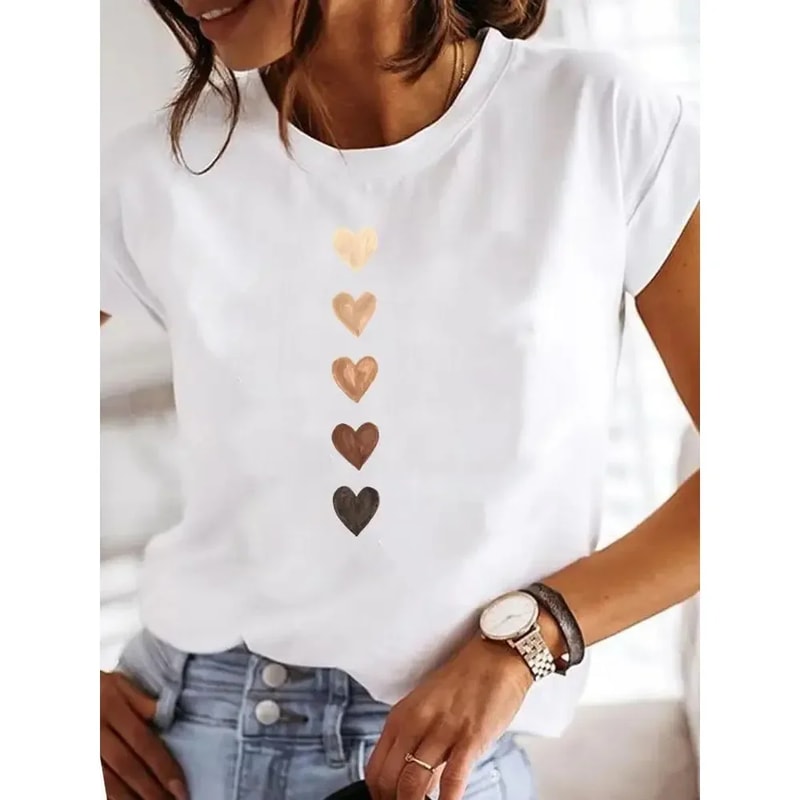 Love Heart Print Women Summer T Shirt Y2K Funny O Neck Tops Tee for Girls, 90s Casual Female Clothing