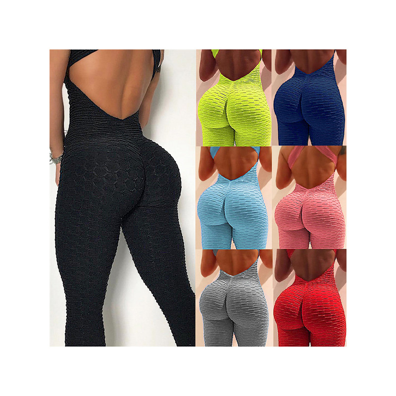 Womens Sports Suit, Sleeveless Backless Jumpsuit, Quick-Dry Gym Bodysuit, Fitness Tights Scrunch Leggings for Workouts