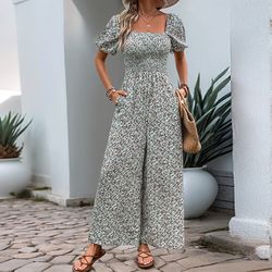 summer trend womens floral loose overalls, elegant one-piece long romper jumpsuit & casual female bodysuit