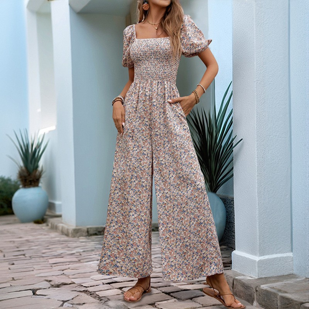 Summer Trend Womens Floral Loose Overalls, Elegant One-Piece Long Romper Jumpsuit & Casual Female Bodysuit