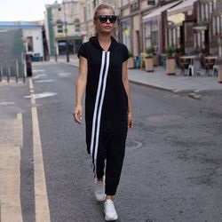 bonboho summer womens casual jumpsuit, black hooded short sleeves striped overall, loose fit streetwear one-piece outfit