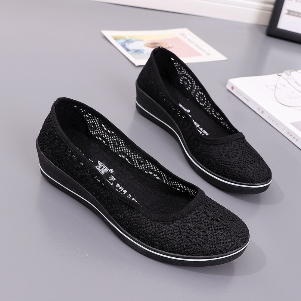 Lace Hollow Breathable Little White Flat Shoes Mid Wedge Heel Womens Summer Beauty Shoes Size SlipO 2