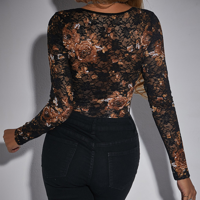 French Classic Vintage Sequin Overbust Bodysuit, Sexy Lace Square Collar, Long Sleeve V-Neck Black Onesie for Women