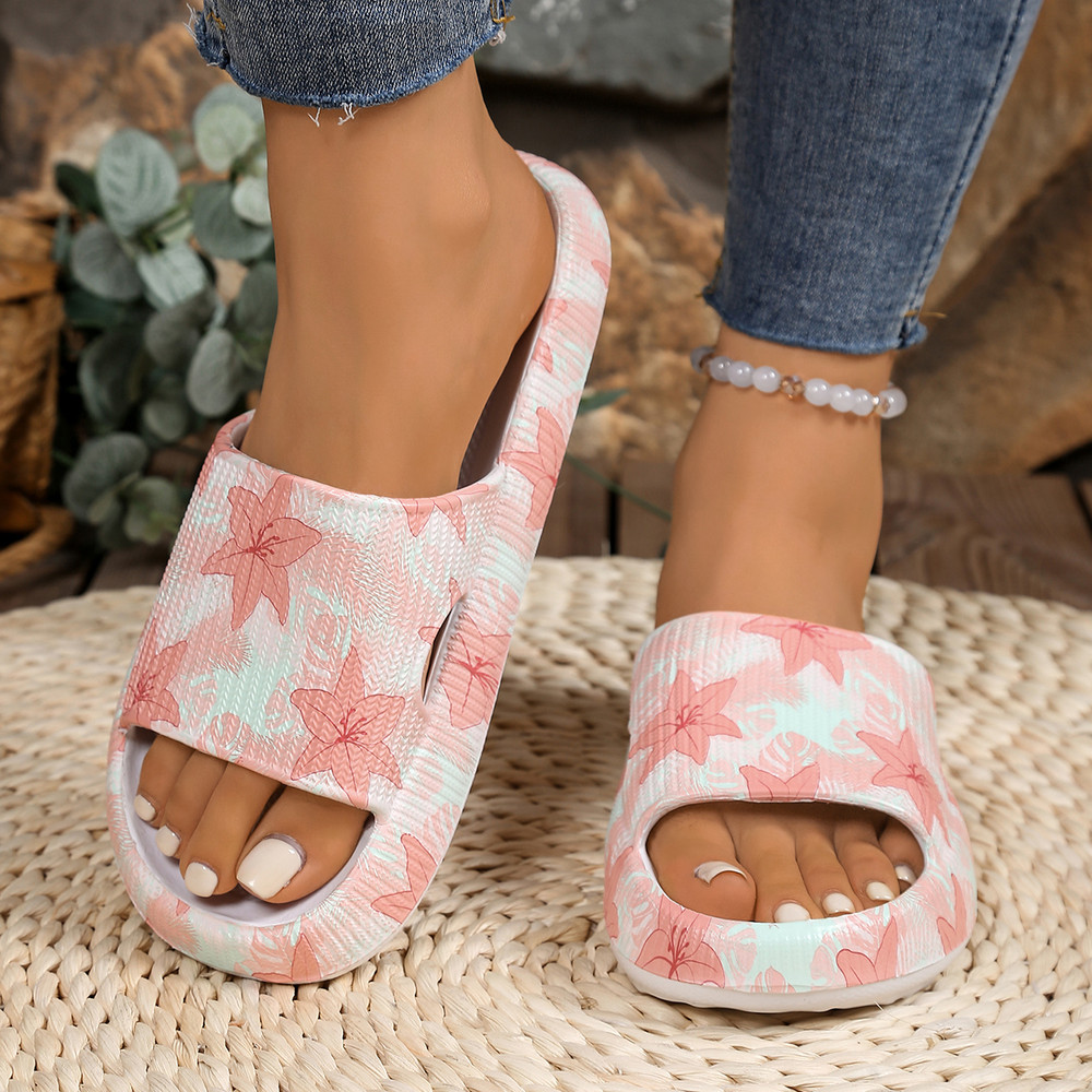 Soft Summer Holiday Printing Women Slippers Pillow Platform, Adjustable Double-Buckle Sandals, Vacation Beach Comfort