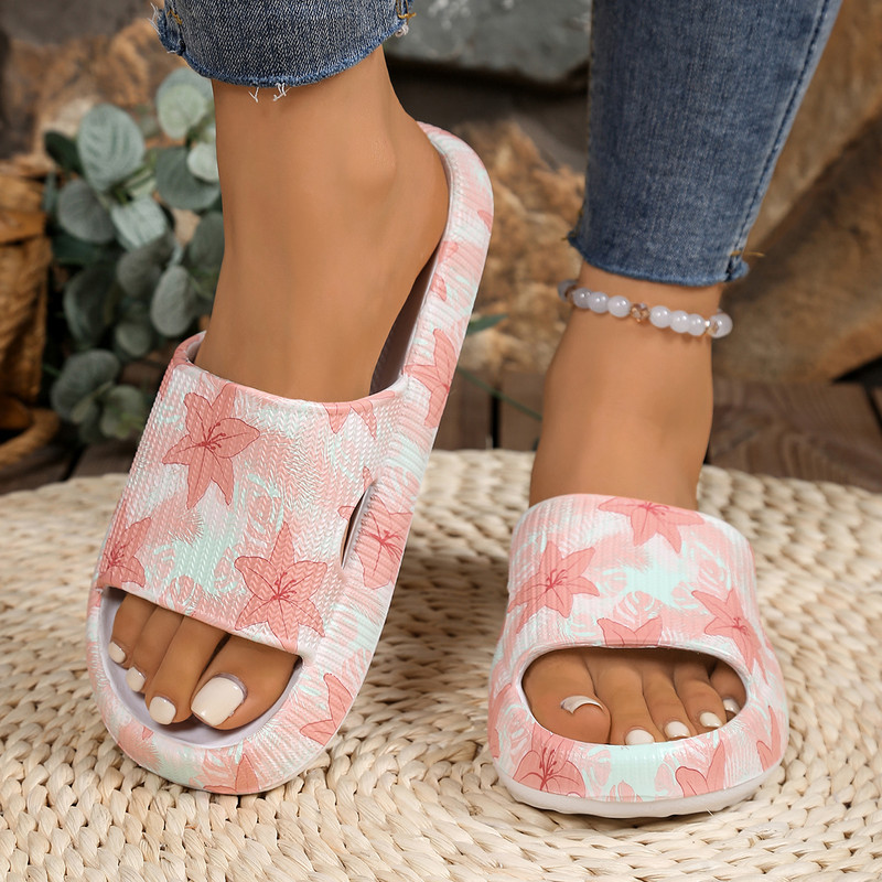 Soft Summer Holiday Printing Women Slippers Pillow Platform, Adjustable Double-Buckle Sandals, Vacation Beach Comfort