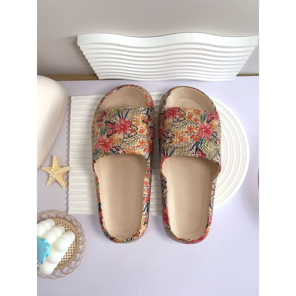 Soft Summer Holiday Printing Women Slippers Pillow Platform, Adjustable Double-Buckle Sandals, Vacation Beach Comfort