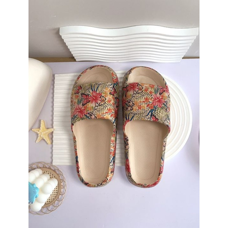 Soft Summer Holiday Printing Women Slippers Pillow Platform, Adjustable Double-Buckle Sandals, Vacation Beach Comfort