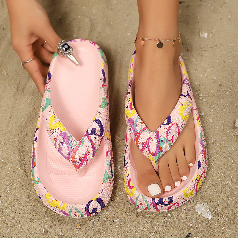 Soft Summer Holiday Printing Women Slippers Pillow Platform, Adjustable Double-Buckle Sandals, Vacation Beach Comfort