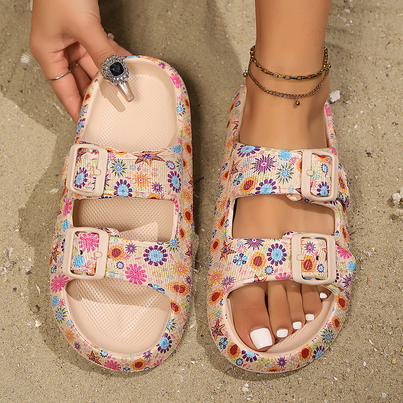 Soft Summer Holiday Printing Women Slippers Pillow Platform, Adjustable Double-Buckle Sandals, Vacation Beach Comfort