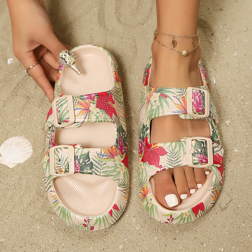 Soft Summer Holiday Printing Women Slippers Pillow Platform, Adjustable Double-Buckle Sandals, Vacation Beach Comfort