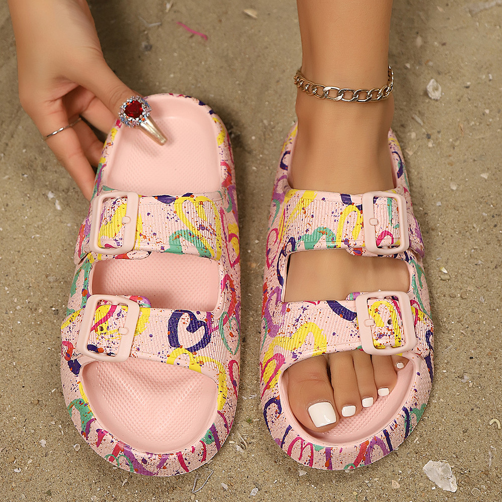 Soft Summer Holiday Printing Women Slippers Pillow Platform, Adjustable Double-Buckle Sandals, Vacation Beach Comfort