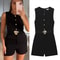 TRAFZA Womens Summer Black O-Neck Sleeveless Jumpsuit, High Street Fashion with Belt Decoration Button Zipper Design