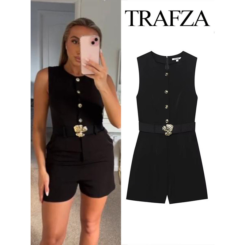 TRAFZA Womens Summer Black O-Neck Sleeveless Jumpsuit, High Street Fashion with Belt Decoration Button Zipper Design