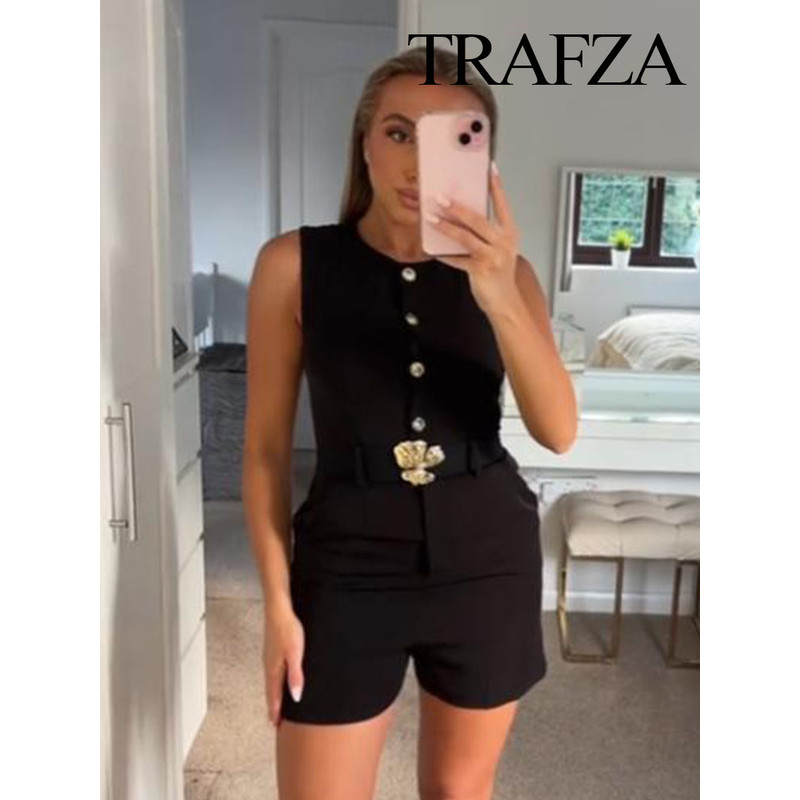 TRAFZA Womens Summer Black O-Neck Sleeveless Jumpsuit, High Street Fashion with Belt Decoration Button Zipper Design