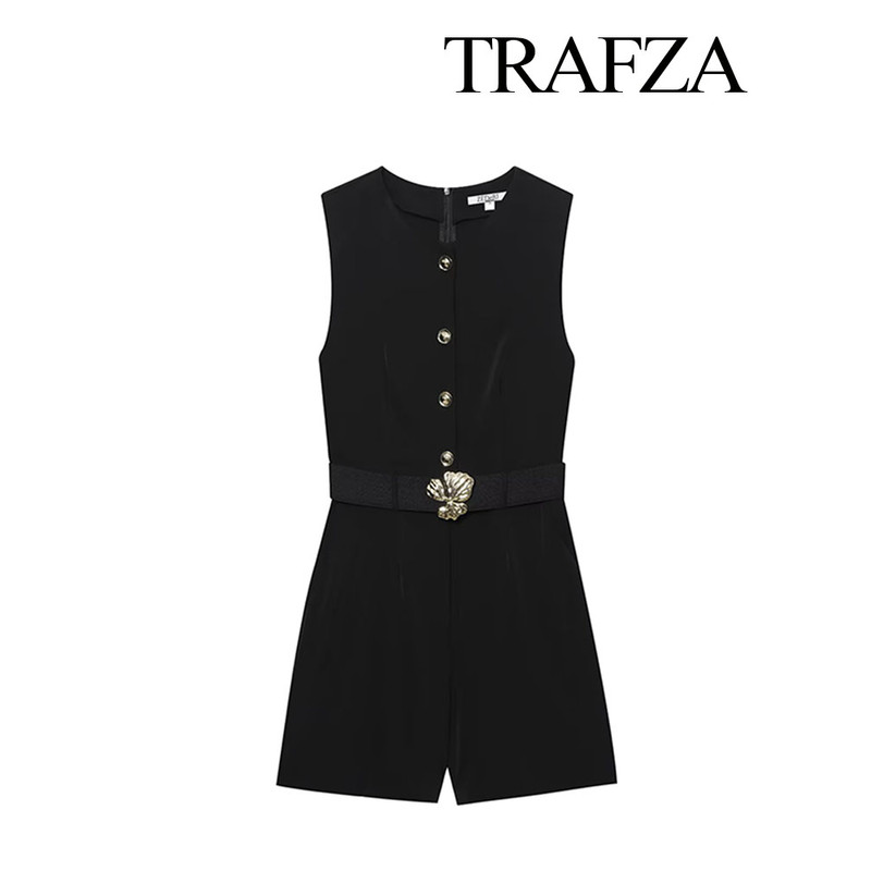TRAFZA Womens Summer Black O-Neck Sleeveless Jumpsuit, High Street Fashion with Belt Decoration Button Zipper Design