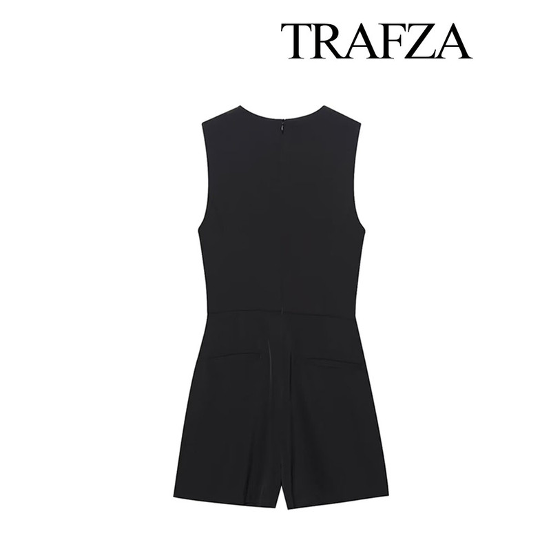 TRAFZA Womens Summer Black O-Neck Sleeveless Jumpsuit, High Street Fashion with Belt Decoration Button Zipper Design