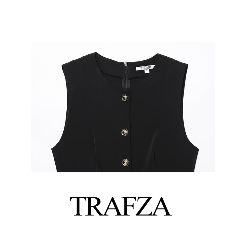 TRAFZA Womens Summer Black O-Neck Sleeveless Jumpsuit, High Street Fashion with Belt Decoration Button Zipper Design