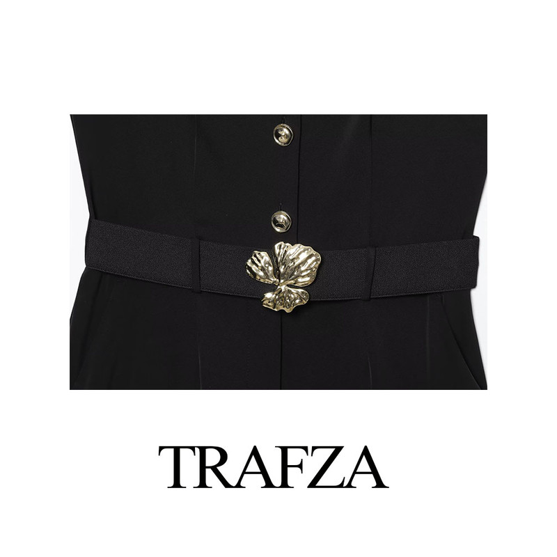 TRAFZA Womens Summer Black O-Neck Sleeveless Jumpsuit, High Street Fashion with Belt Decoration Button Zipper Design