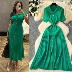 chic fashion elegant patchwork knitted maxi dress, summer lady turn-down collar shirt sweater dress party, office lady
