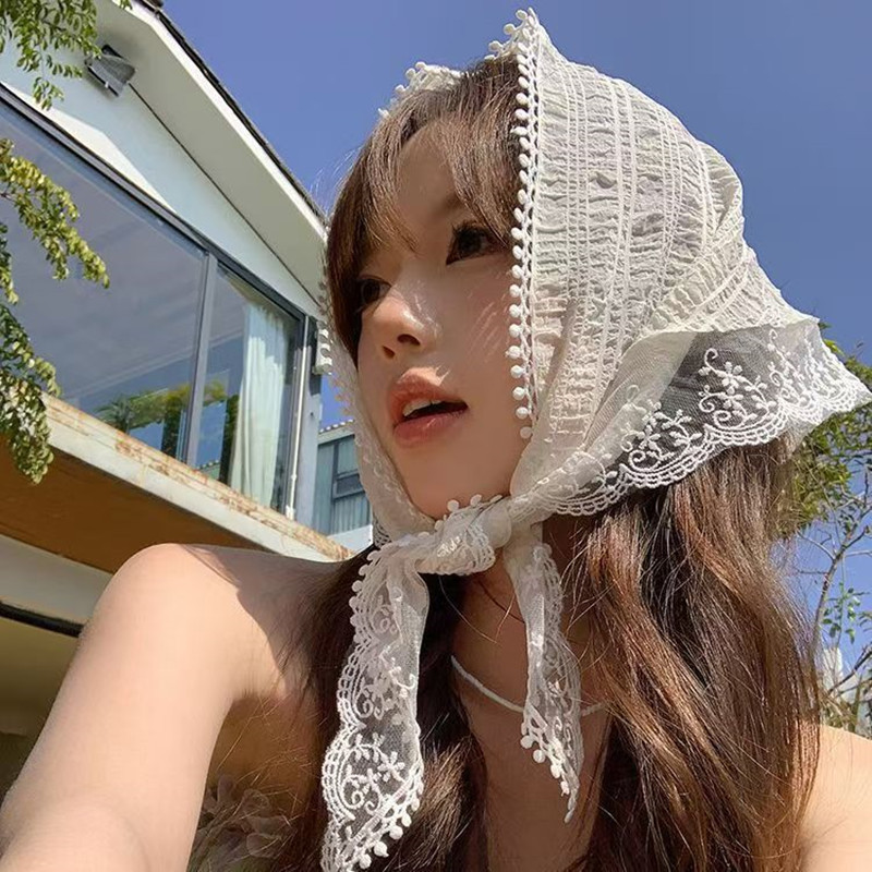 French Chic Alice White Lace Triangle Hair Wrap, Elegant Fashion Accessory for Women