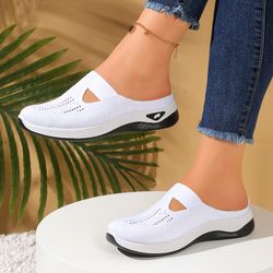 women slip on canvas summer slippers, ventilated half slipper shoes, comfortable home footwear, flat lightweight slides