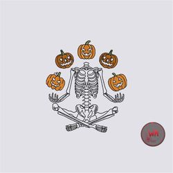 skeleton with pumpkin embroidery design, halloween skeleton machine embroidery, spooky embroidery pattern, instant downl