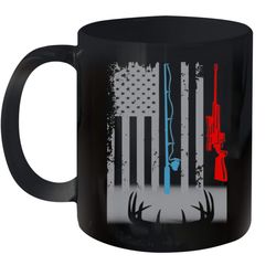 fishing rod hunting rifle american flag mug