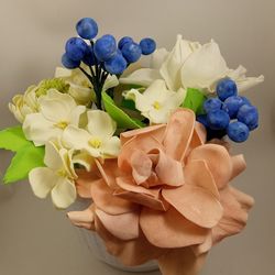 Beautiful handmade composition flowers and blueberries in a plastic pot/gift for her/birthday gift/home decor/ grandma