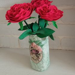 Handmade red roses in vase/artificial flowers/floral arrangements/bouquet red roses/ gift for her/home decor/grandmagift