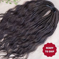 Long dark brown pre braided curly hair extensions, Full set of synthetic braids with wavy loose hair