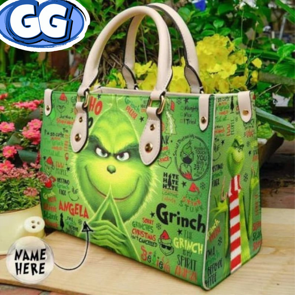 Grinch Christmas Leather Bag, Grinch Bags And Purses, Grinch Lover Handbag, Custom Leather Bag, Woman Handbag, Shopping Bag, Handmade Bag 1.jpg