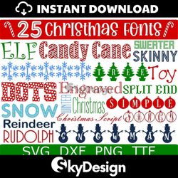 christmas font bundle, christmas monogram, holiday font, candy cane font, digital download, 25 svg, 25 dxf, 25 png 25 t