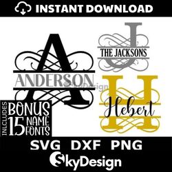 split monogram svg/dxf/png, split flourish frame letters 15 name fonts, digital download, cut files, 26 individual svg/