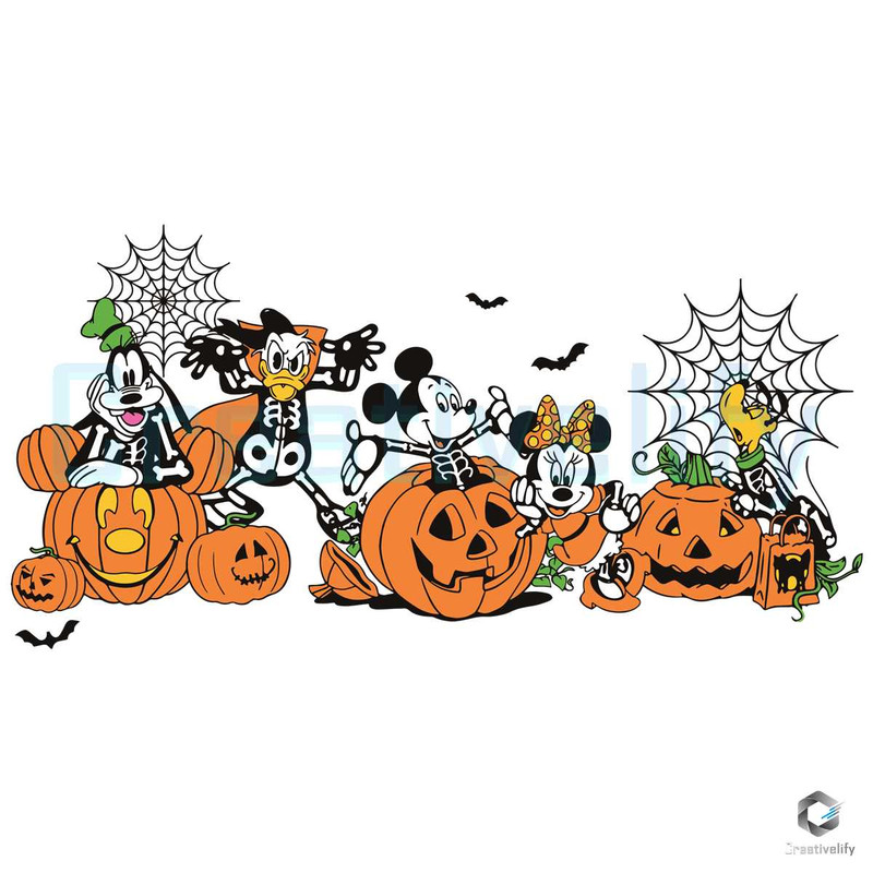 Mickey And Friend Skeleton Halloween Pumpkin Svg Design File.jpg