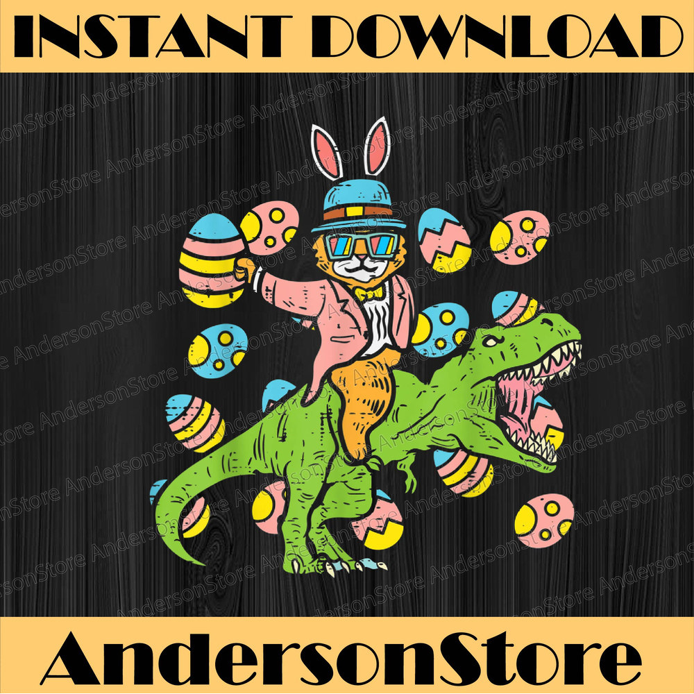 Cat Easter Bunny Riding Dino Trex Egg Hunt Dinosaur Easter Day Png, Happy Easter Day Sublimation Design.jpg