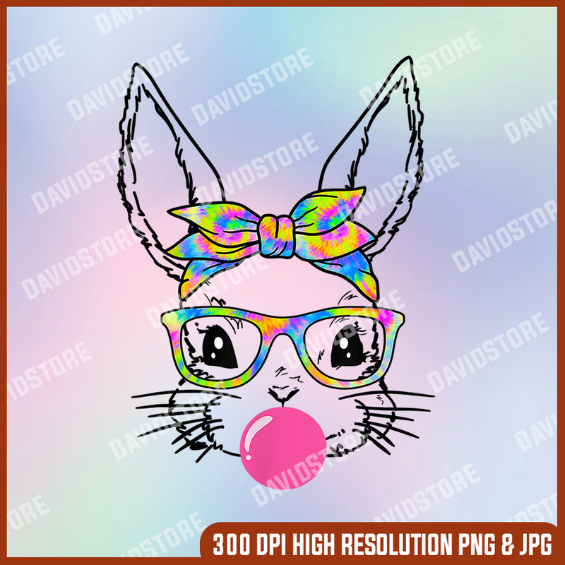 Cute Bunny With Bandana Tie Dye Glasses Bubblegum Easter Day, Easter Png, Happy Easter PNG, Easter Day Png, Easter.jpg