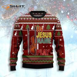 in jesus name play violin ugly christmas sweater